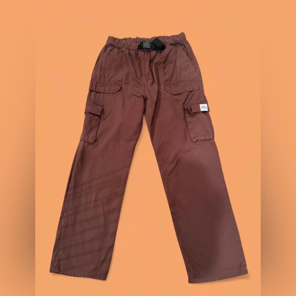 boohooman Mens Elastic Waist Cargo Belted Pants Dark Brown Medium Cotton - Picture 2 of 14